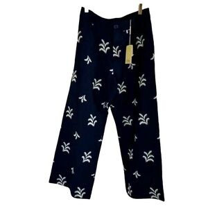 Elie Tahari Size 8 Linen Embroidered Trousers Pants Wide Leg Navy Tropical Fern